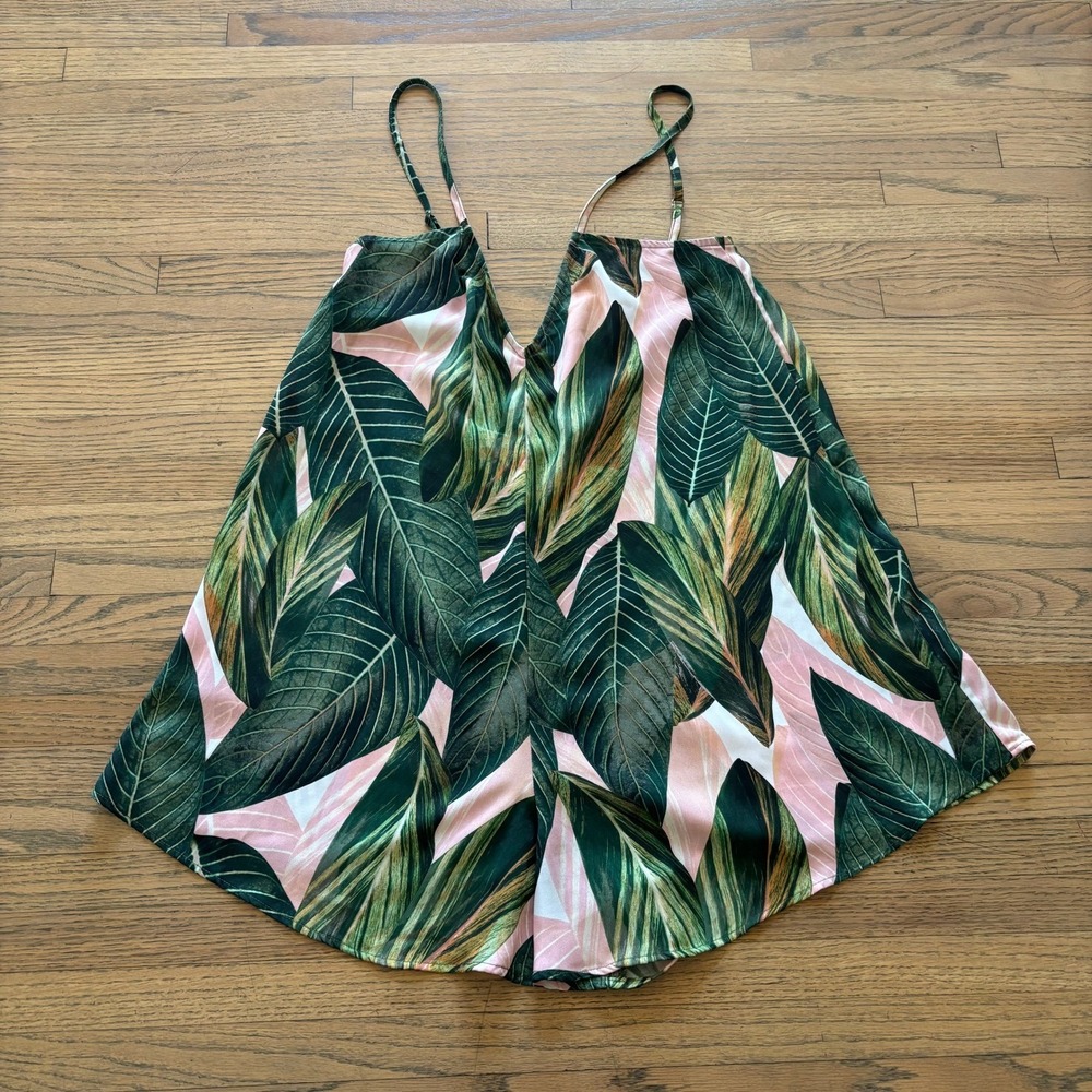 Show Me Your Mumu Tropical Palm Leaf Print‎ Romper XS Green Pink Strappy V-Neck